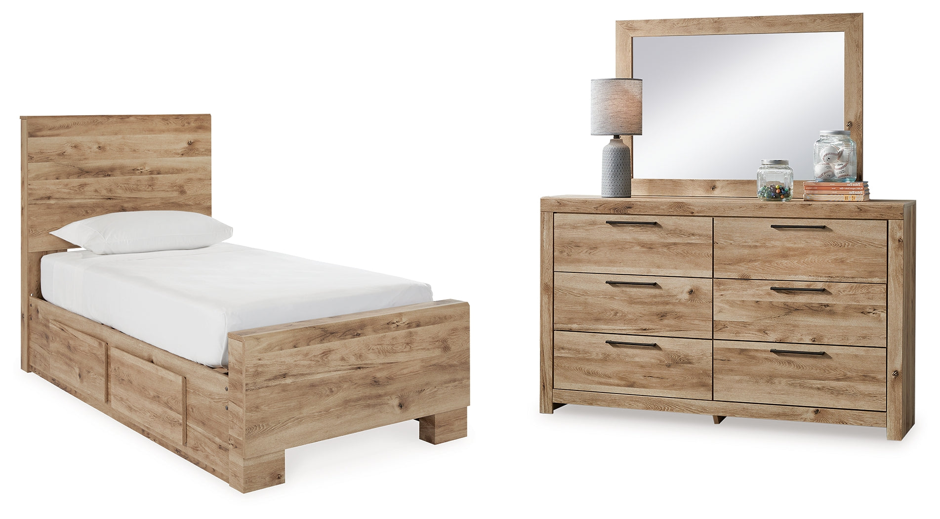 Diamond Furniture - Ashley Furniture - Hyanna Twin Panel Bed with 1 Side Storage, Dresser and Mirror - Twin Panel Bed with 1 Side Storage, Dresser and Mirror - B1050B26
