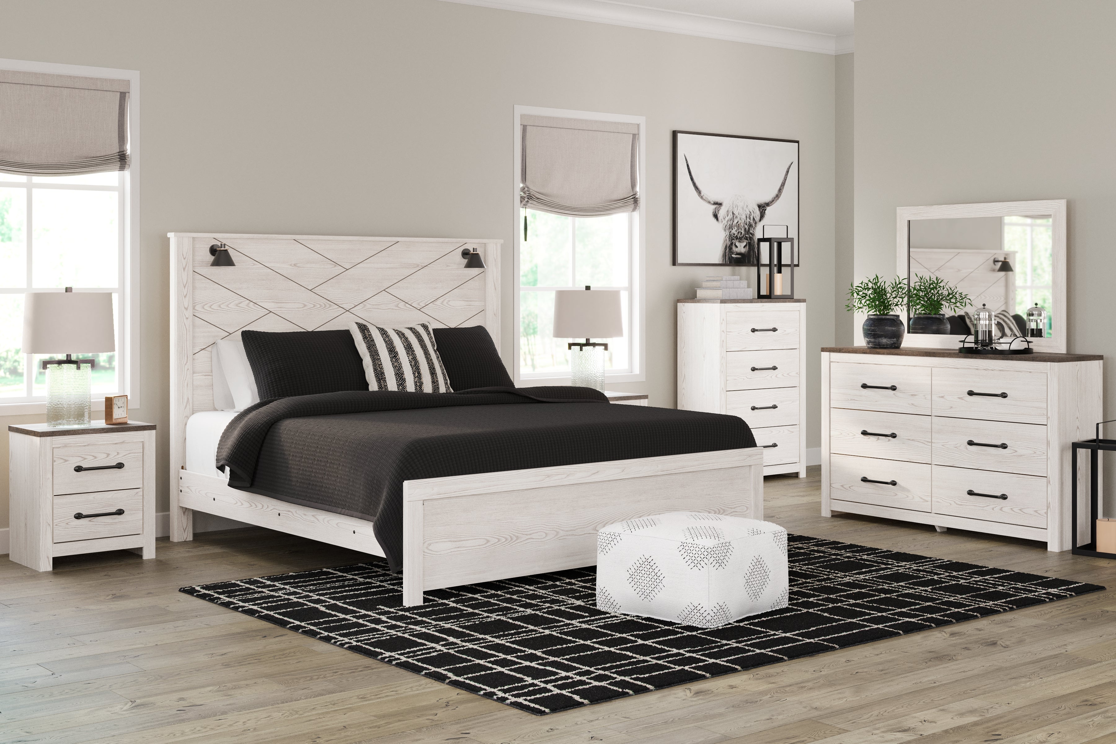 Diamond Furniture - Ashley Furniture - Gerridan King Panel Bed, Dresser, Mirror, Chest and 2 Nightstands - King Panel Bed, Dresser, Mirror, Chest and 2 Nightstands - B1190B28