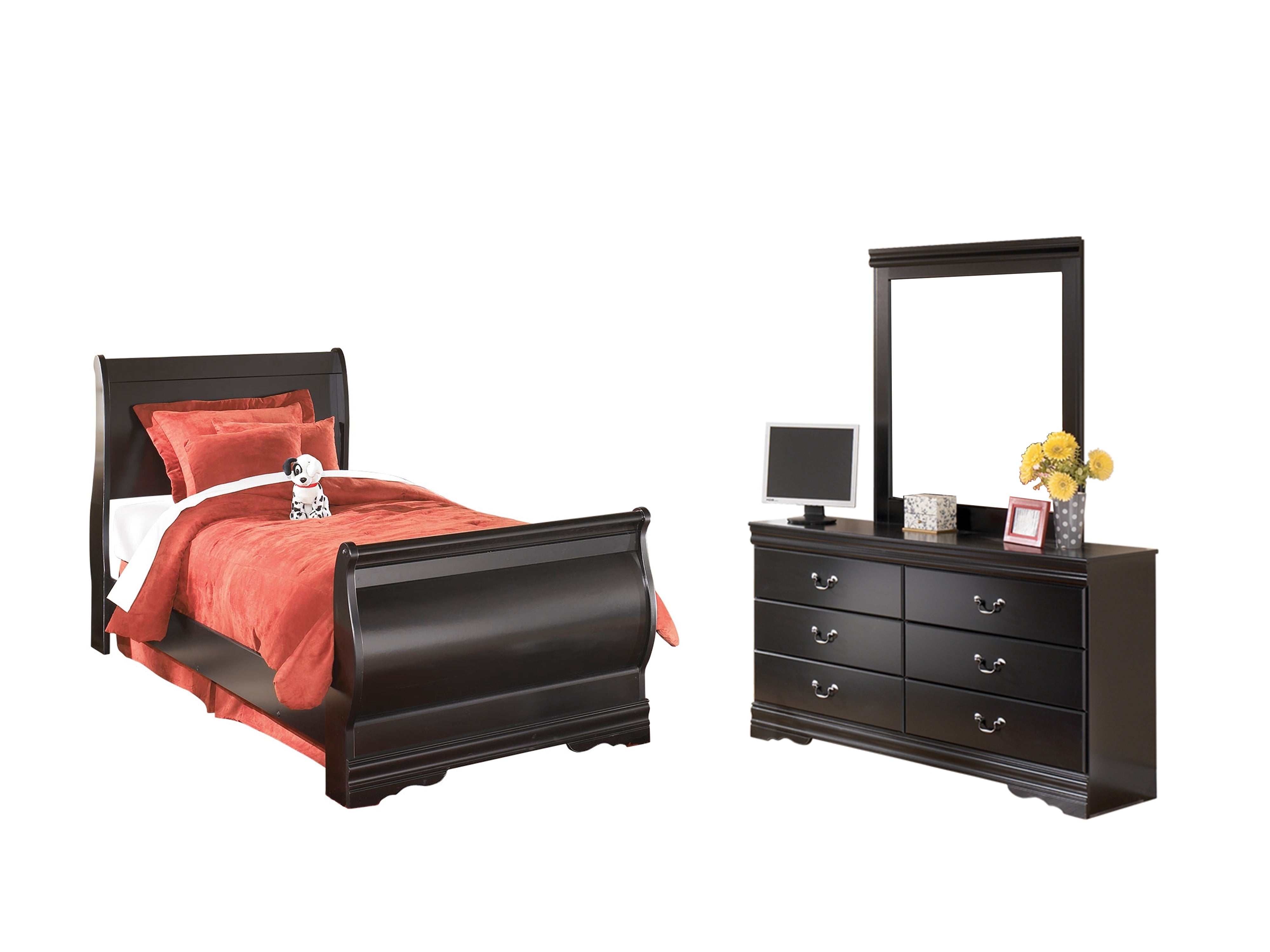 Diamond Furniture - Ashley Furniture - Huey Vineyard Twin Sleigh Bed with Mirroed Dresser and Nightstand - Twin Sleigh Bed with Mirroed Dresser and Nightstand - B128B13