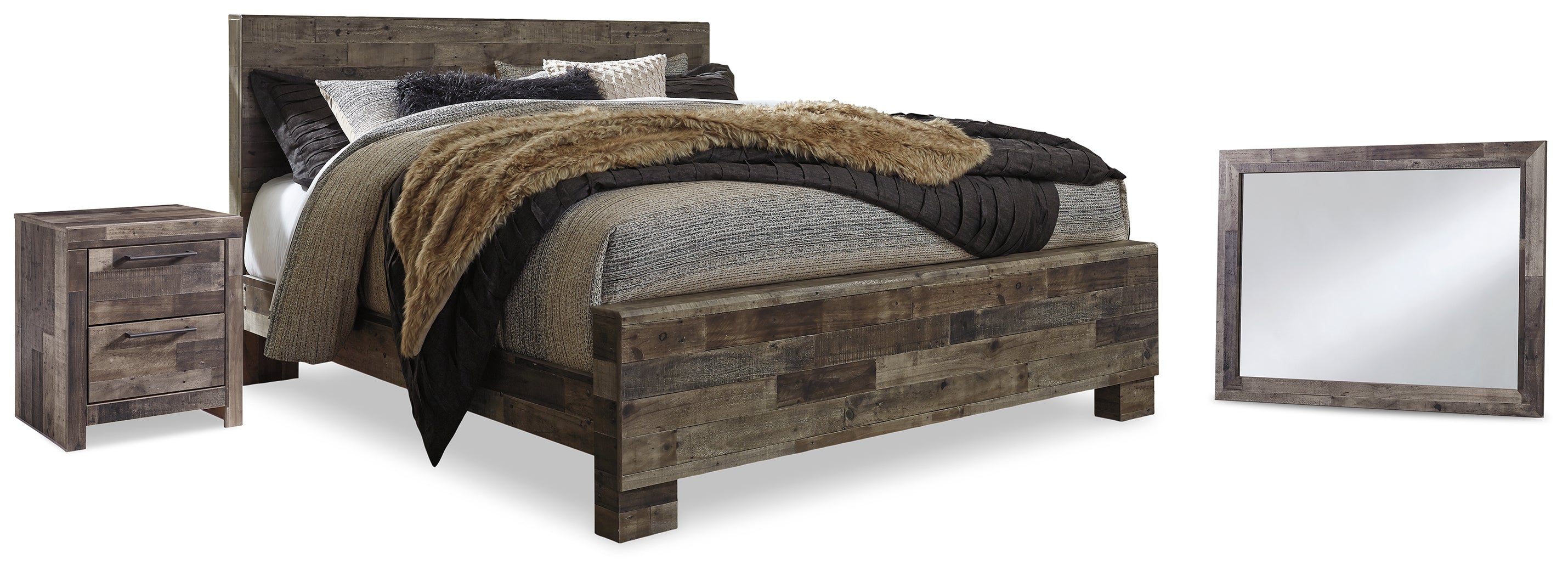 Diamond Furniture - Ashley Furniture - Derekson King Panel Bed, Mirror and Nightstand - King Panel Bed, Mirror and Nightstand - B200B62