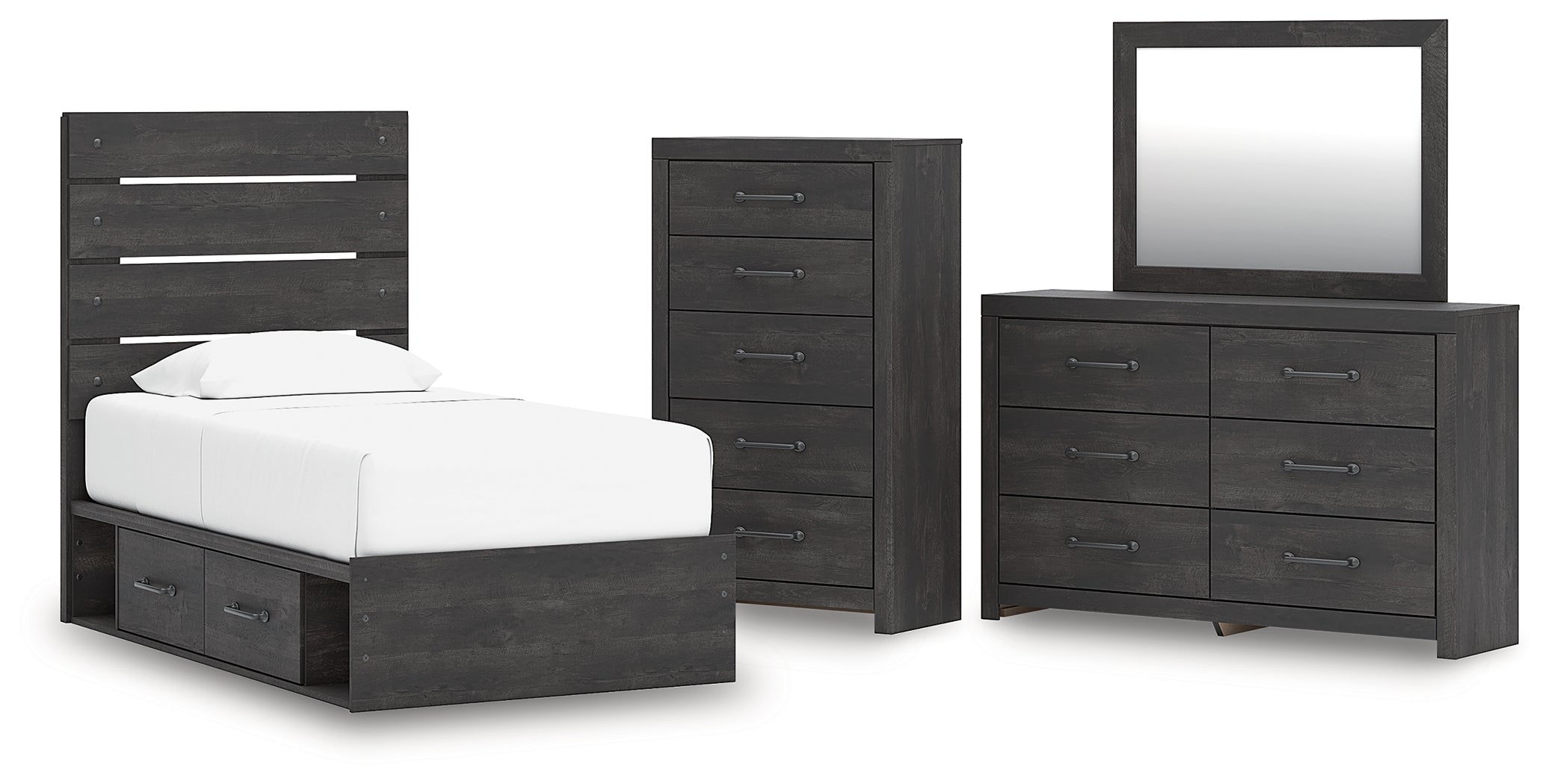 Diamond Furniture - Ashley Furniture - Hollivern Twin Panel Storage Bed, Dresser, Mirror and Chest - Twin Panel Storage Bed, Dresser, Mirror and Chest - PCB2108B26