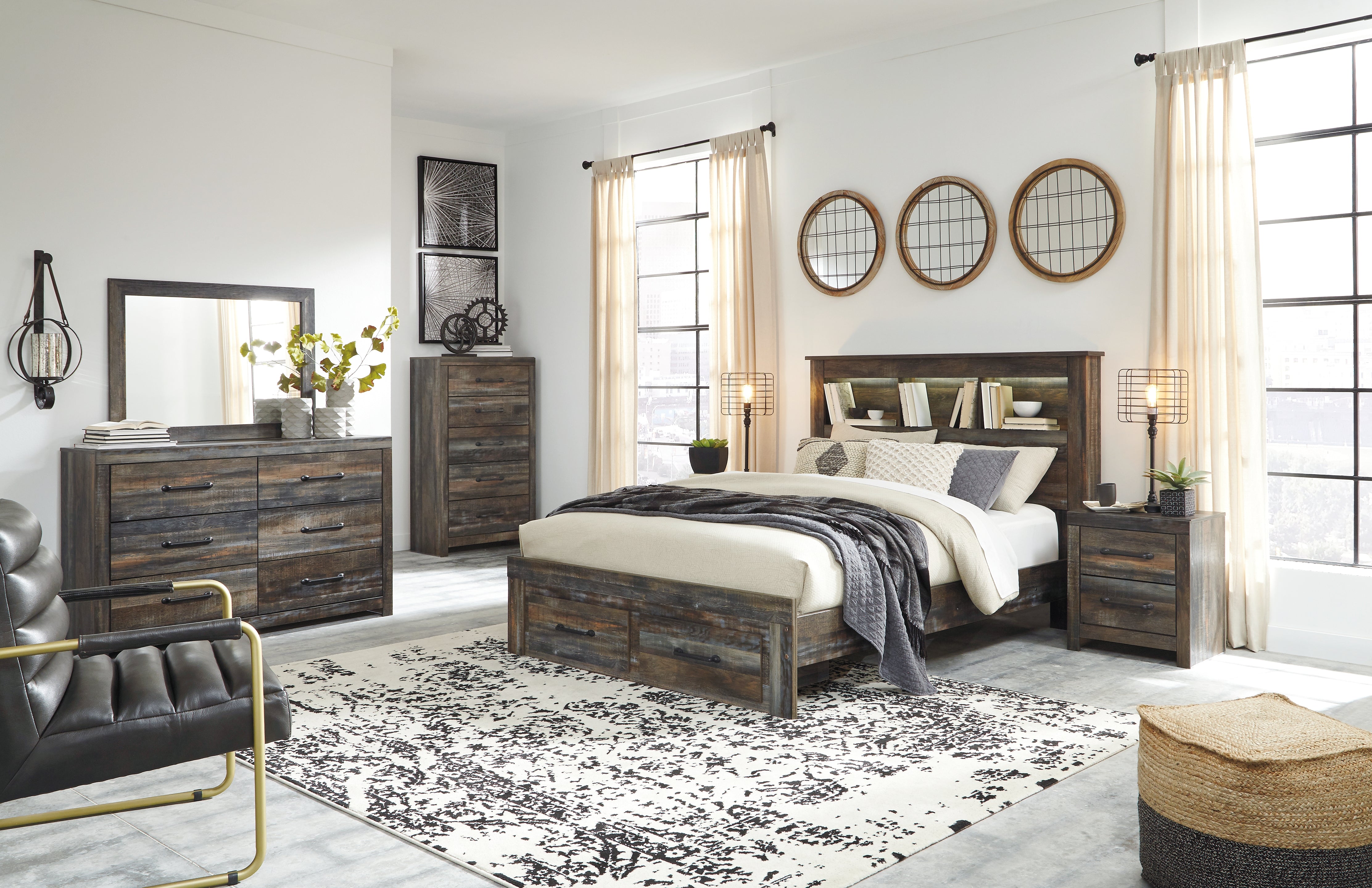 Diamond Furniture - Ashley Furniture - Drystan Queen Bookcase Storage Bed, Dresser, Mirror, Chest and 2 Nightstands - Queen Bookcase Storage Bed, Dresser, Mirror, Chest and 2 Nightstands - B211B79