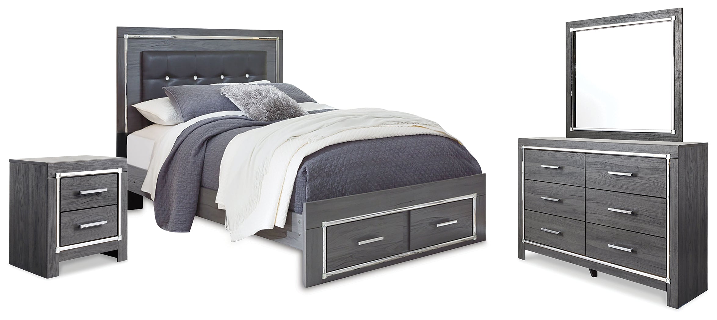 Diamond Furniture - Ashley Furniture - Lodanna Queen Upholstered Panel Storage Bed, Dresser, Mirror, and Nightstand - Queen Upholstered Panel Storage Bed, Dresser, Mirror, and Nightstand - B214B20