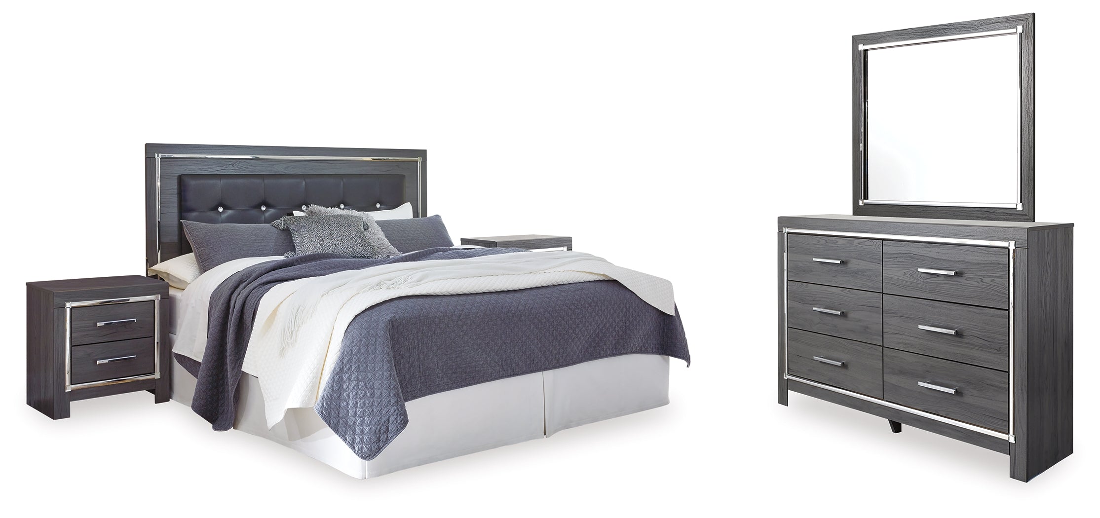 Diamond Furniture - Ashley Furniture - Lodanna King/Cal King Panel Headboard, Dresser, Mirror and 2 Nightstands - King/Cal King Panel Headboard, Dresser, Mirror and 2 Nightstands / Gray - B214B33
