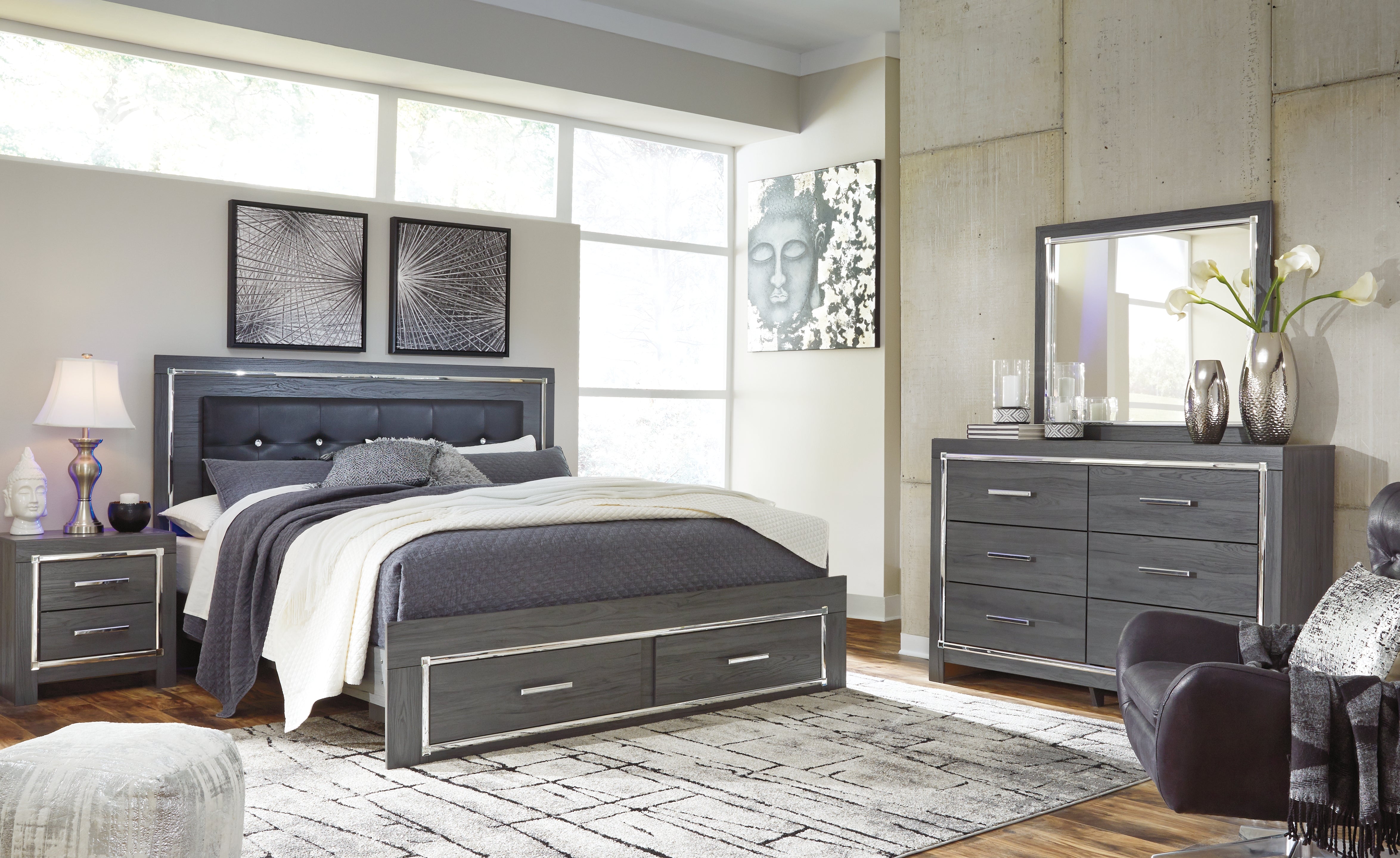 Diamond Furniture - Ashley Furniture - Lodanna King Upholstered Storage Bed, Dresser, Mirror, Chest, and Nightstand - King Uph Panel Storage Bed, Dresser, Mirror, Chest and Nightstand / Gray - B214B25