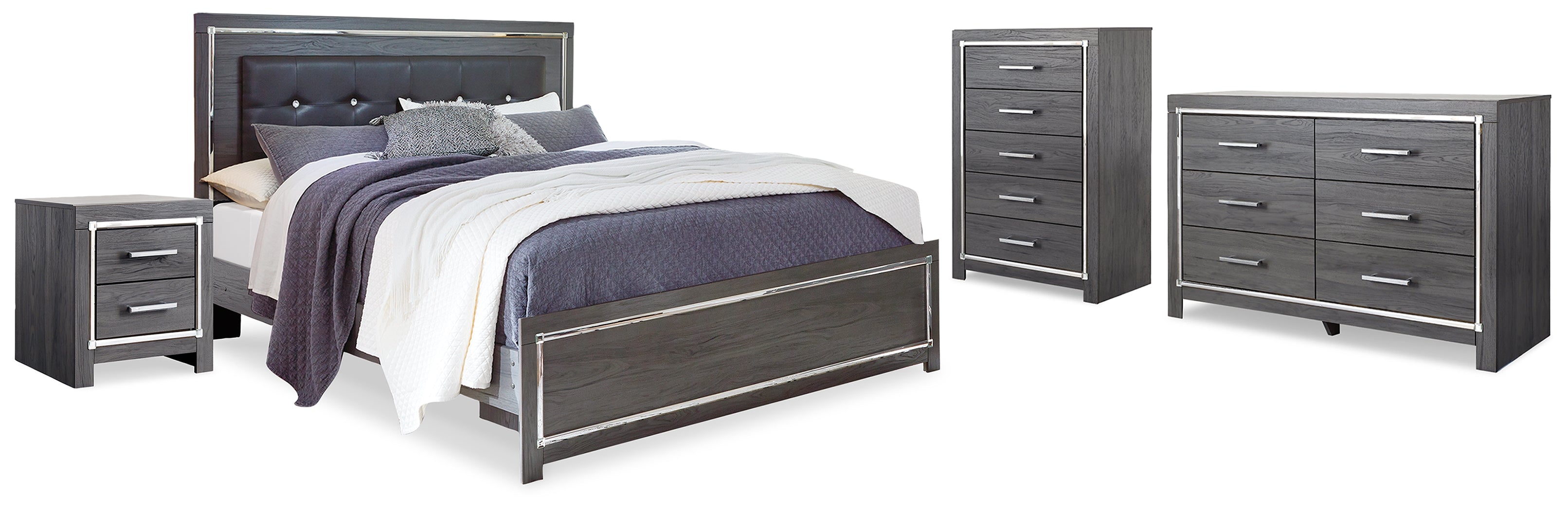 Diamond Furniture - Ashley Furniture - Lodanna King Upholstered Panel Bed, Dresser, Chest and 2 Nightstands - King Upholstered Panel Bed, Dresser, Chest and 2 Nightstands - B214B43