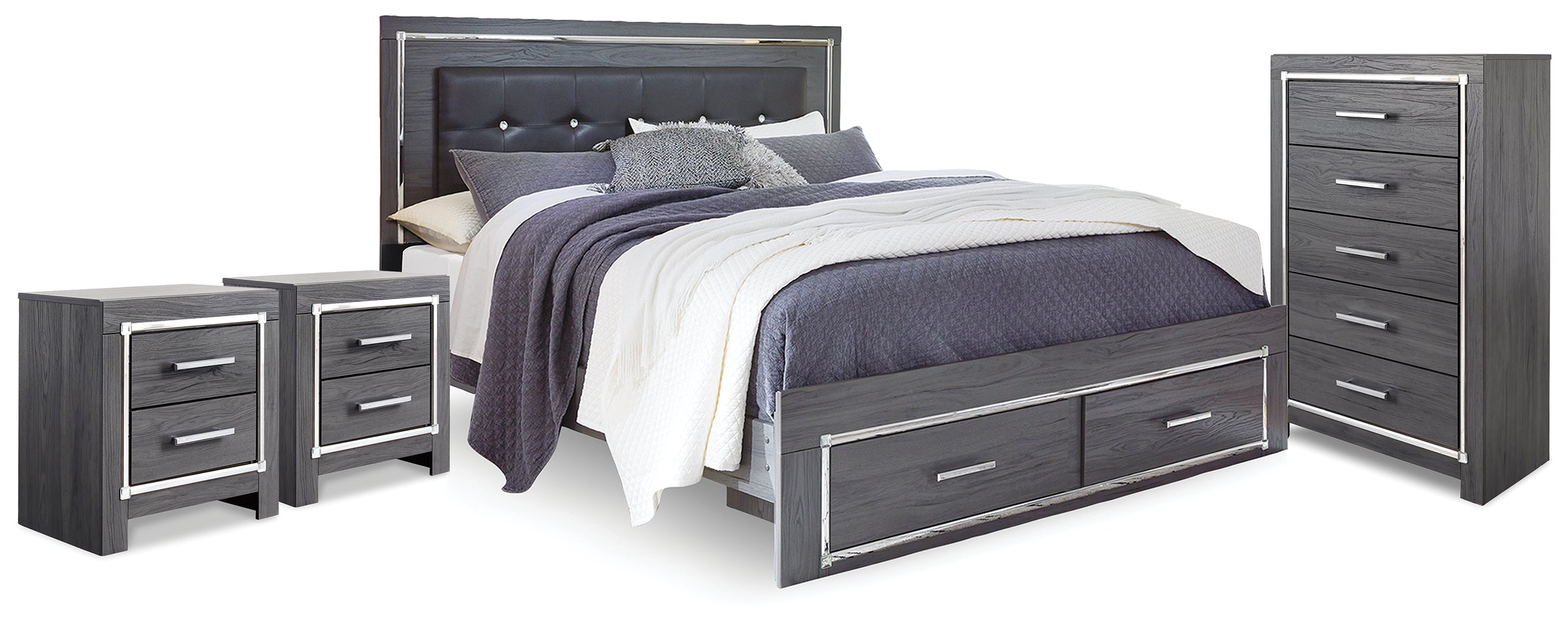 Diamond Furniture - Ashley Furniture - Lodanna King Storage Bed, Chest and 2 Nightstands - King Storage Bed, Chest and 2 Nightstands - B214B47