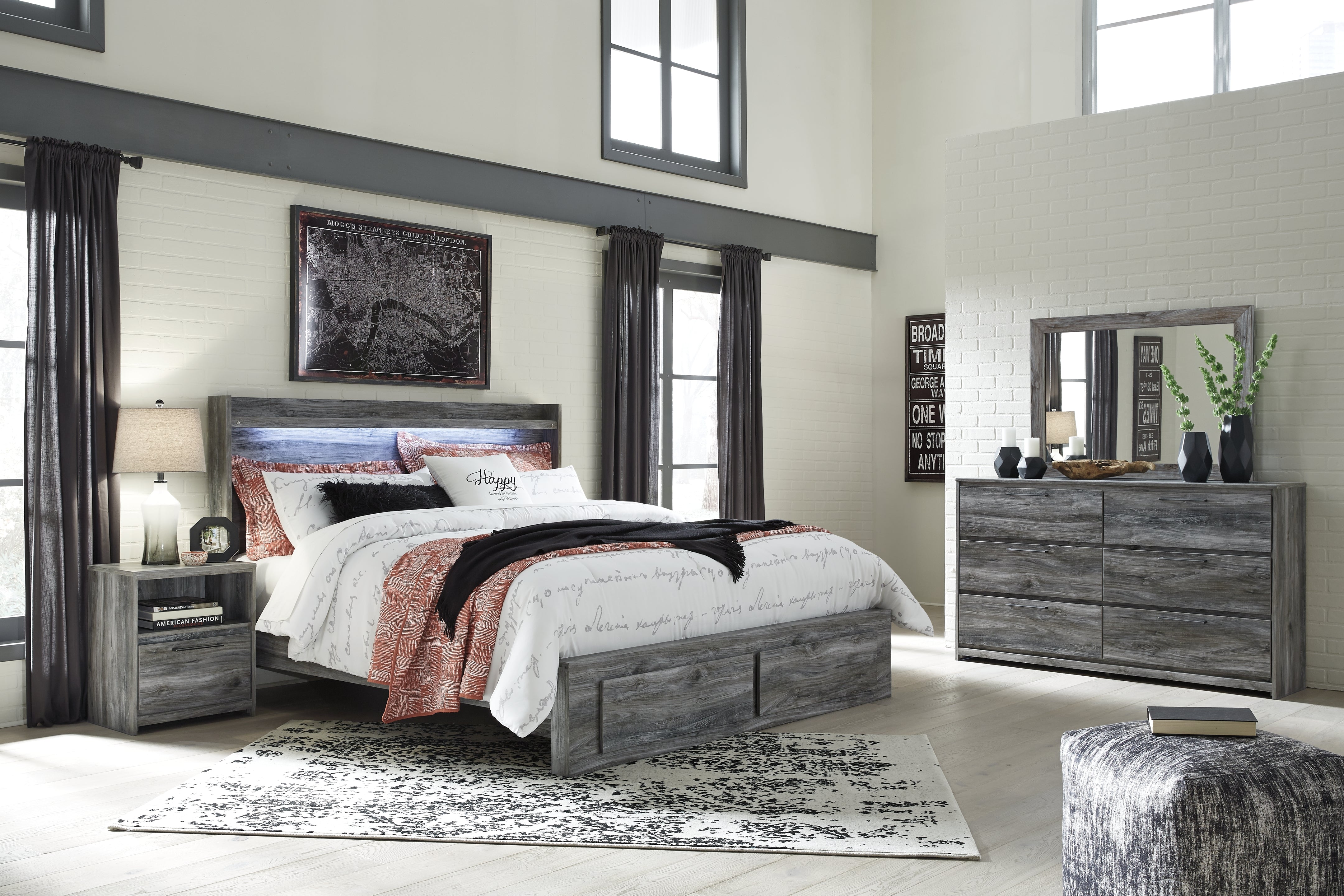 Diamond Furniture - Ashley Furniture - Baystorm King Panel Storage Bed with Mirrored Dresser and Nightstand - King Panel Storage Bed with Mirrored Dresser and Nightstand - B221B36
