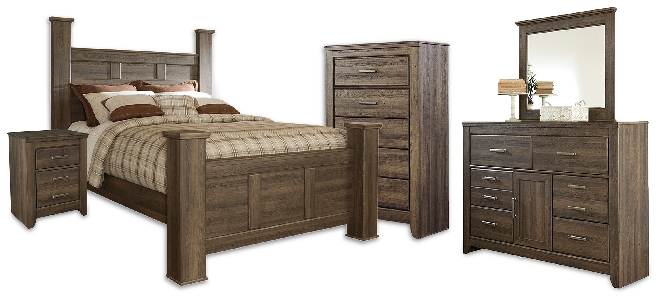 Diamond Furniture - Ashley Furniture - Juararo Queen Poster Bed, Dresser, Mirror, Chest and Nightstand - Queen Poster Bed, Dresser, Mirror, Chest and Nightstand - B251B42