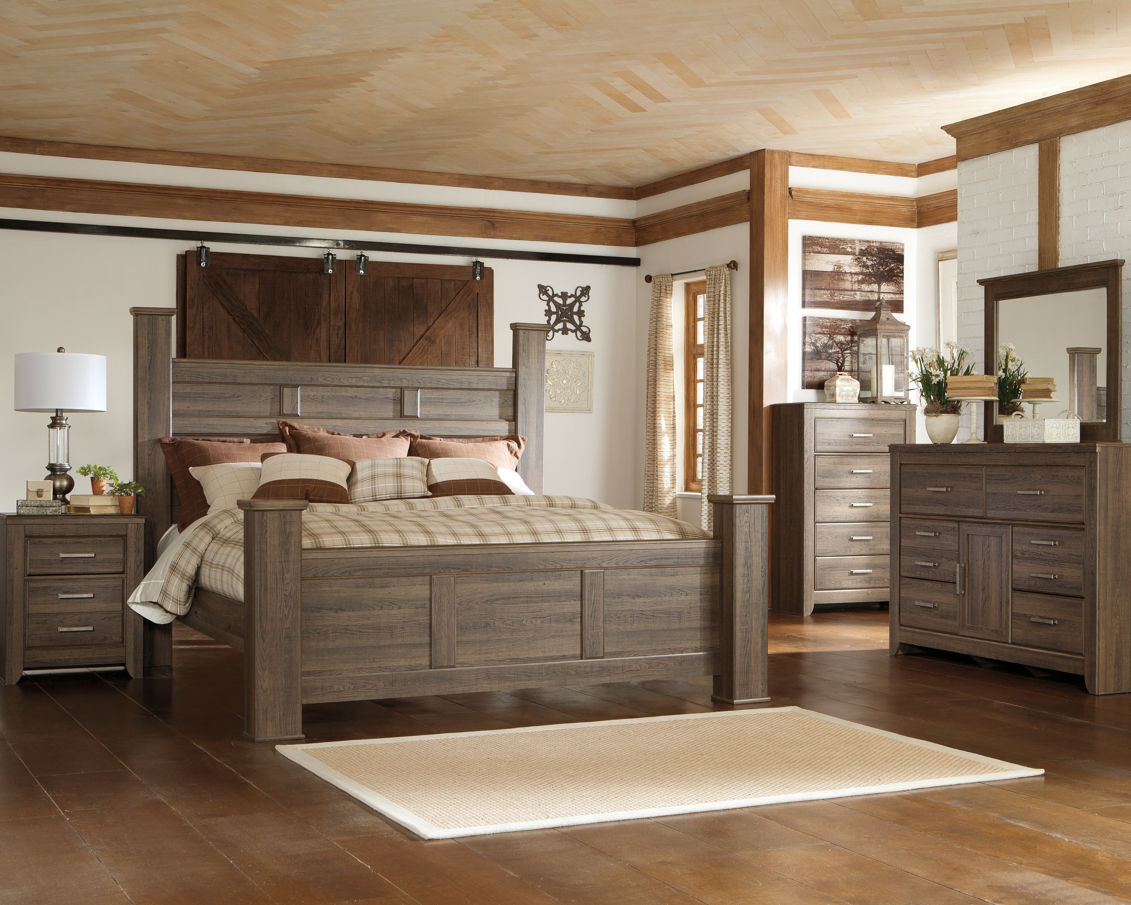 Diamond Furniture - Ashley Furniture - Juararo California King Poster Bed, Dresser, Mirror, Chest and 2 Nightstands - California King Poster Bed, Dresser, Mirror, Chest and 2 Nightstands - B251B25
