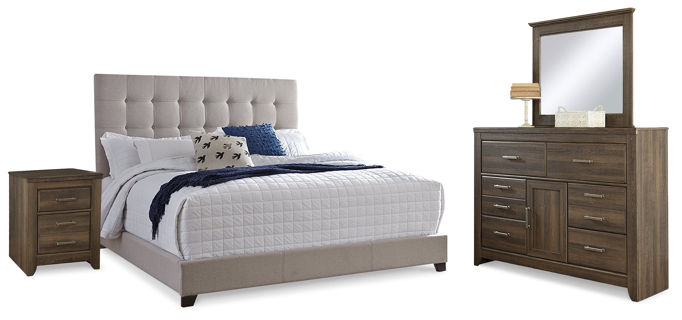 Diamond Furniture - Ashley Furniture - Dolante Queen Upholstered Bed, Dresser, Mirror and Nightstand - Queen Upholstered Bed, Dresser, Mirror and Nightstand - B130B8