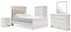 Altyra Full Upholstered Panel Bed, Dresser, Mirror, Chest and Nightstand