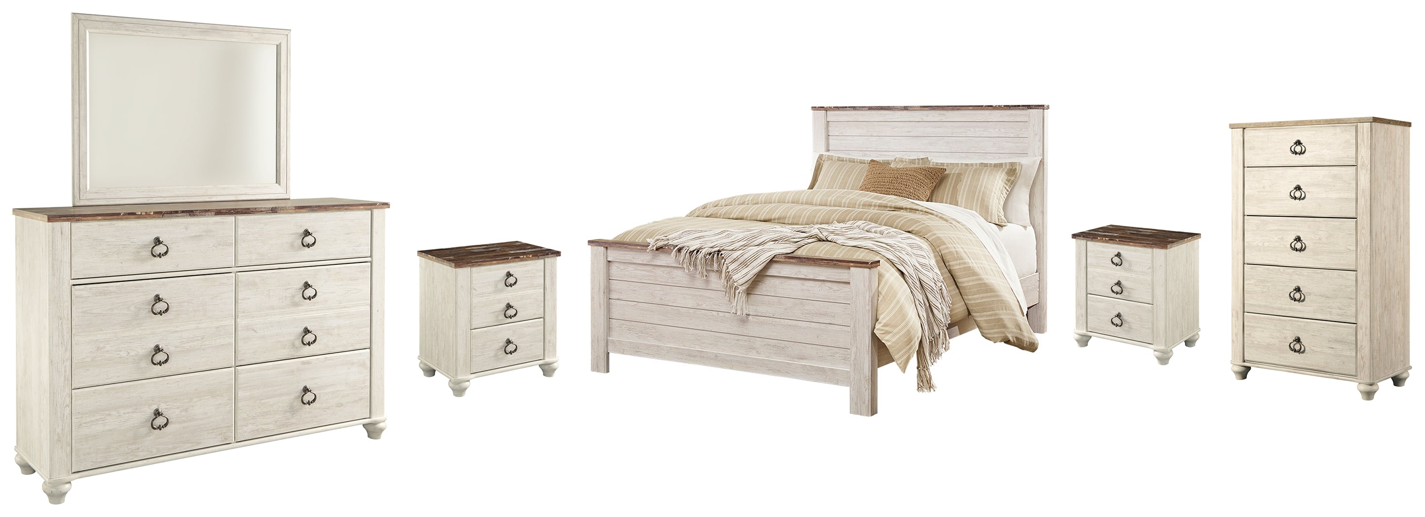 Diamond Furniture - Ashley Furniture - Willowton Queen Panel Bed, Dresser, Mirror, Chest and 2 Nightstands - Queen Panel Bed, Dresser, Mirror, Chest and 2 Nightstands - B267B34