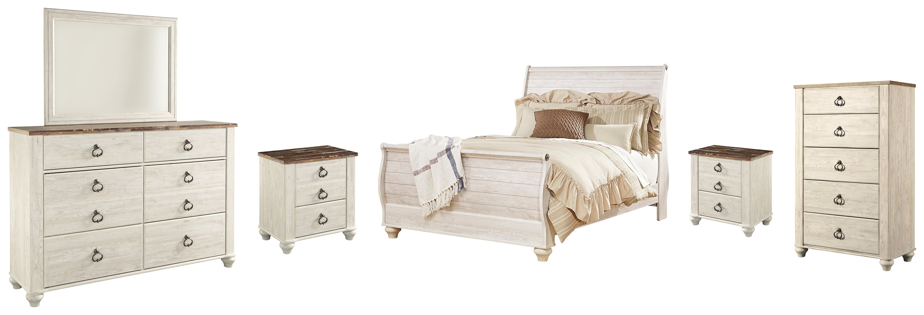 Diamond Furniture - Ashley Furniture - Willowton Queen Sleigh Bed, Dresser, Mirror, Chest and 2 Nightstands - Queen Sleigh Bed, Dresser, Mirror, Chest and 2 Nightstands - B267B56