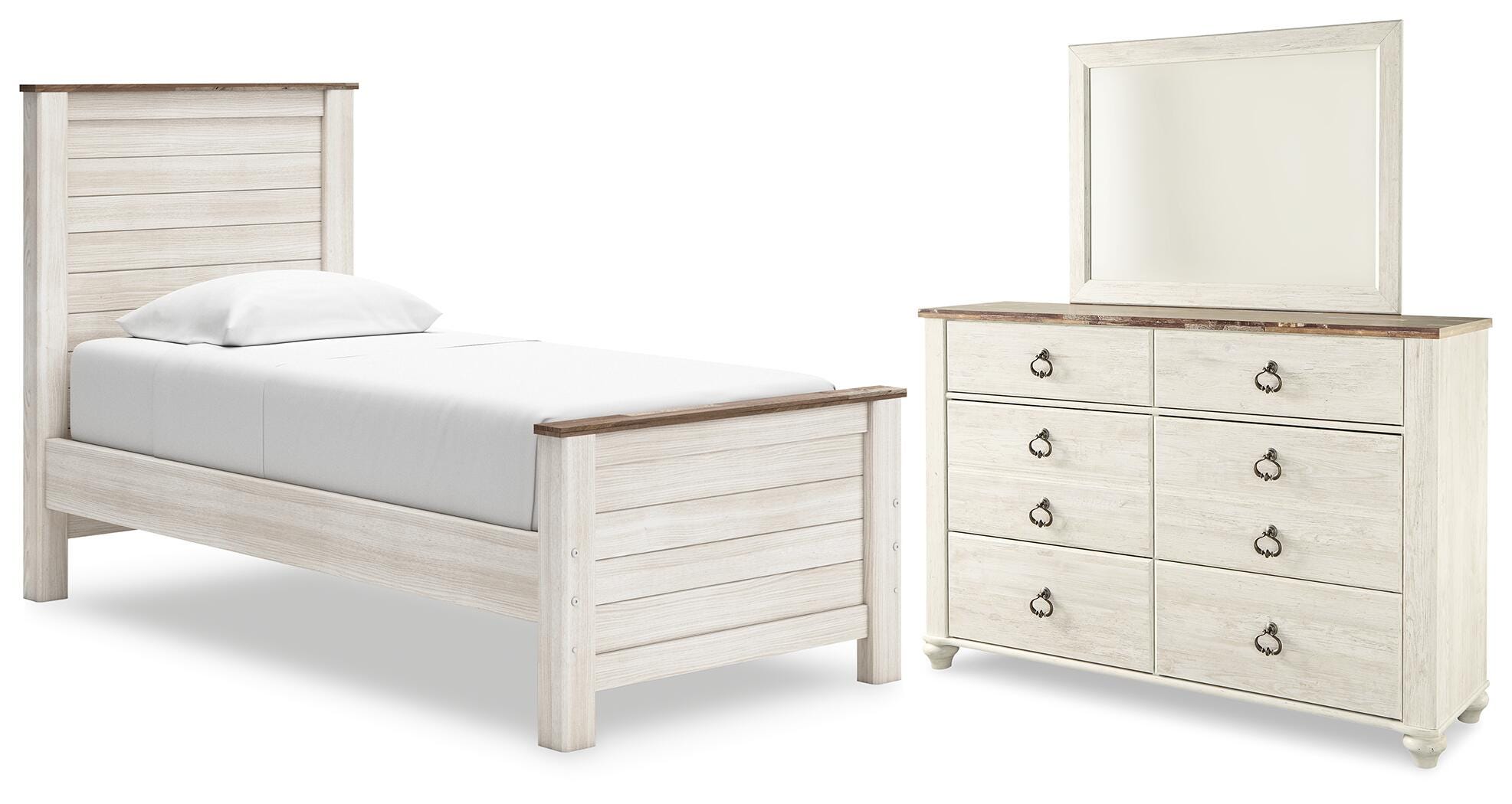 Diamond Furniture - Ashley Furniture - Willowton Twin Panel Bed, Dresser and Mirror - Twin Panel Bed, Dresser and Mirror - B267B51