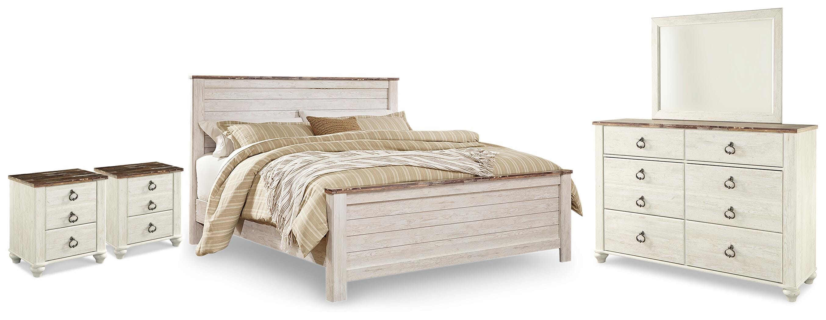 Diamond Furniture - Ashley Furniture - Willowton King Panel Bed, Dresser, Mirror and 2 Nightstands - King Panel Bed, Dresser, Mirror and 2 Nightstands - B267B75
