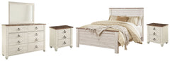 Diamond Furniture - Ashley Furniture - Willowton Queen Panel Bed, Dresser, Mirror and 2 Nightstands - Queen Panel Bed, Dresser, Mirror and 2 Nightstands - B267B35