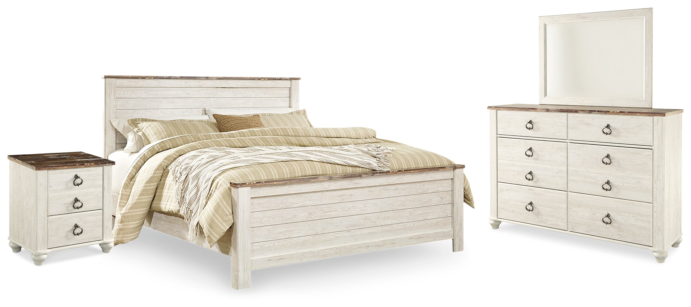 Diamond Furniture - Ashley Furniture - Willowton King Panel Bed, Dresser, Mirror, and Nightstand - King Panel Bed, Dresser, Mirror, and Nightstand - B267B38