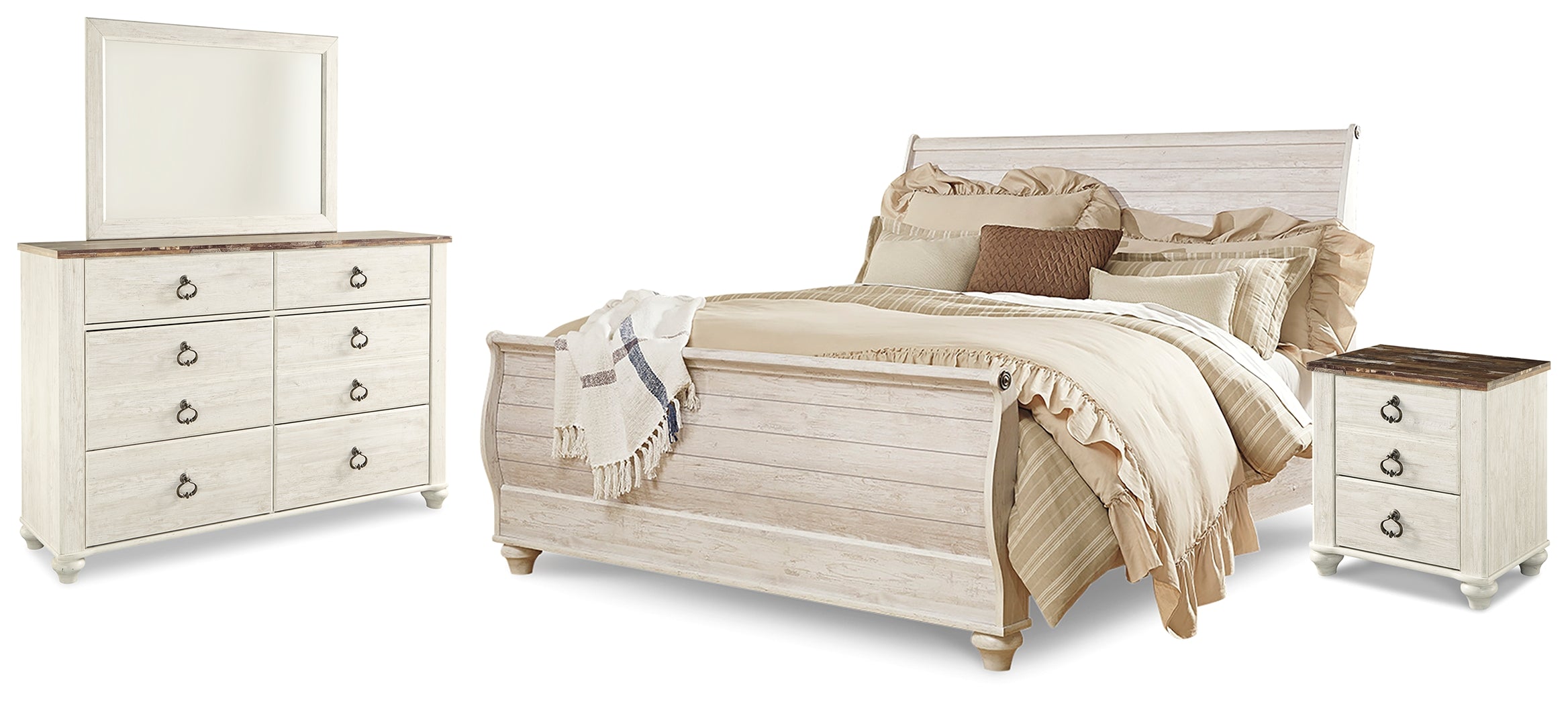 Diamond Furniture - Ashley Furniture - Willowton King Sleigh Bed, Dresser, Mirror and Nightstand - King Sleigh Bed, Dresser, Mirror and Nightstand - B267B33