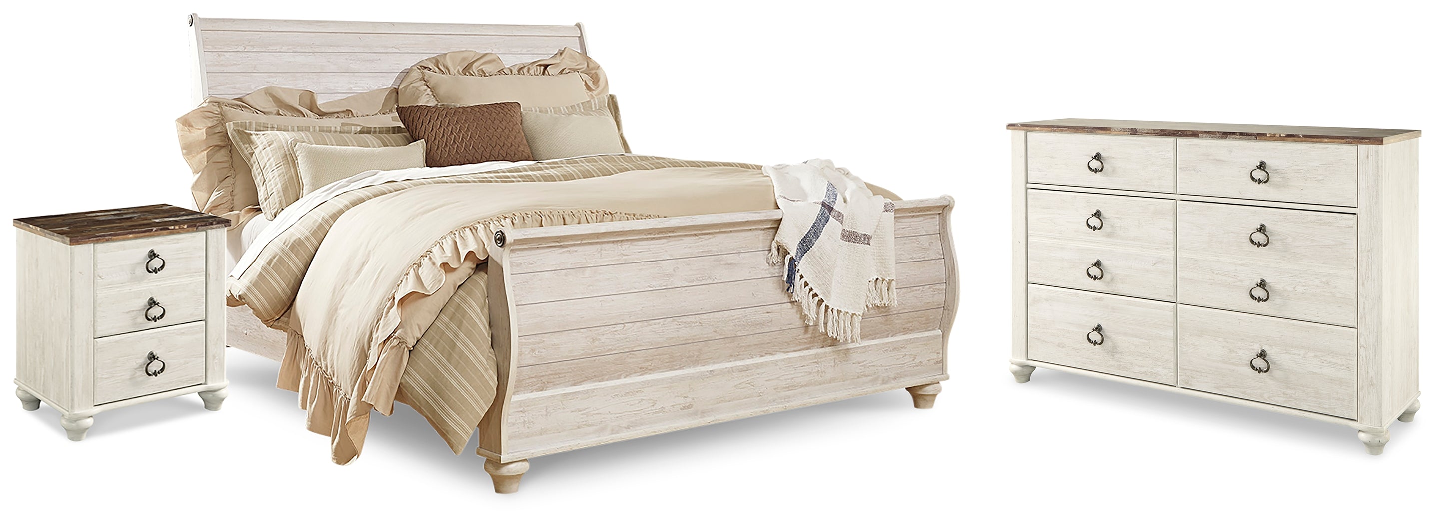 Diamond Furniture - Ashley Furniture - Willowton King Sleigh Bed, Dresser and Nightstand - King Sleigh Bed, Dresser and Nightstand - B267B43