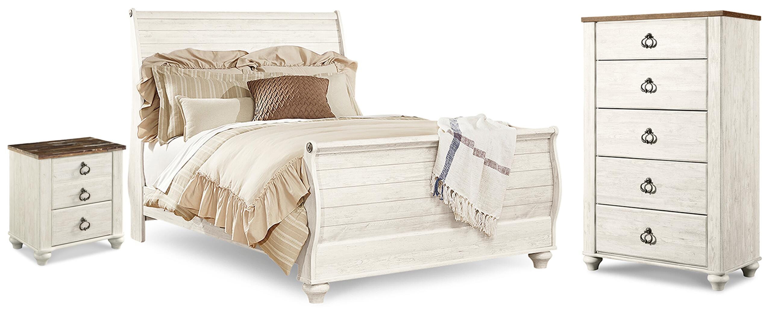 Diamond Furniture - Ashley Furniture - Willowton Queen Sleigh Bed, Chest and Nightstand - Queen Sleigh Bed, Chest and Nightstand - B267B77