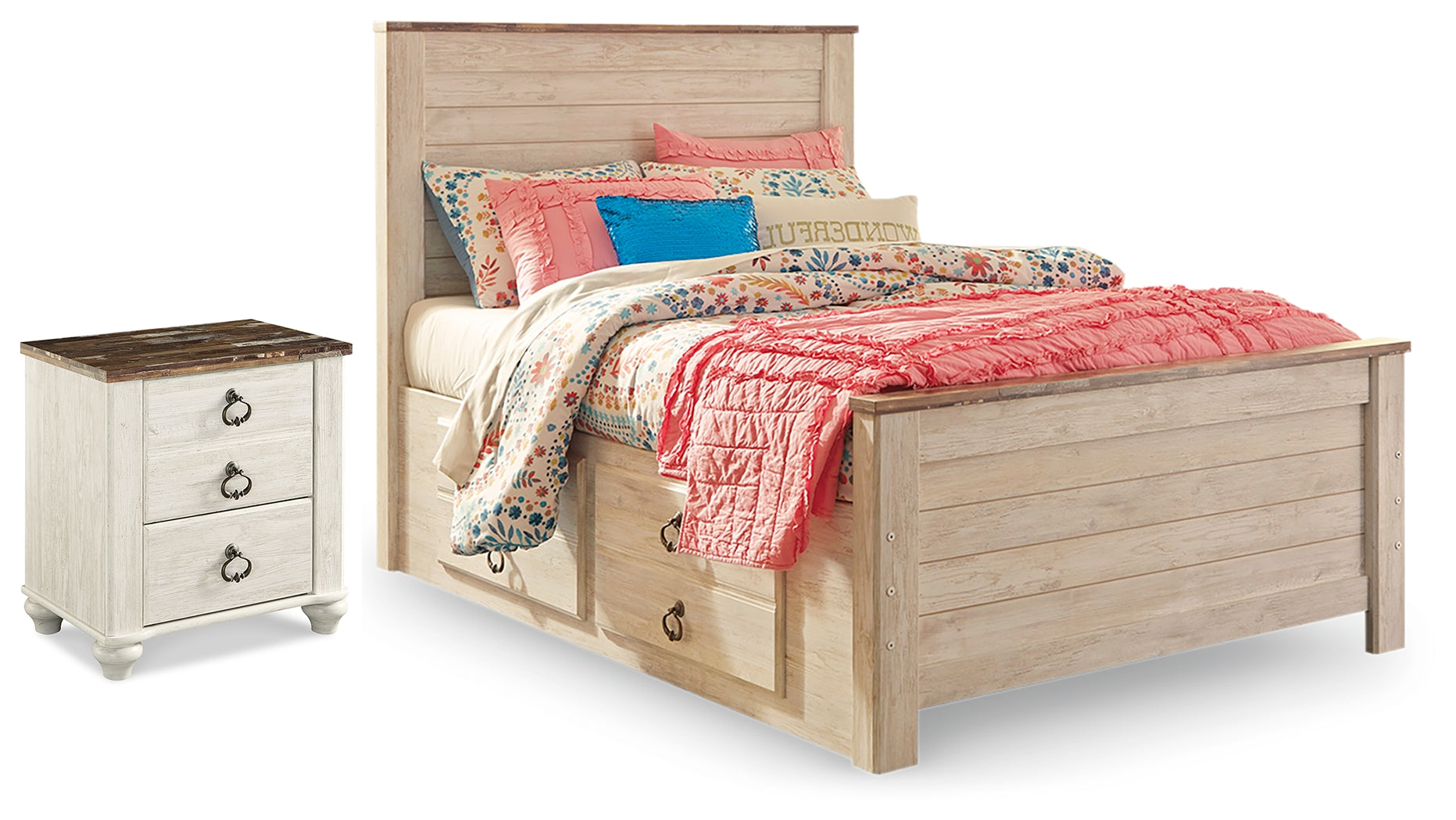 Diamond Furniture - Ashley Furniture - Willowton Full Panel Bed with Storage and Nightstand - Full Panel Bed with Storage and Nightstand - B267B66