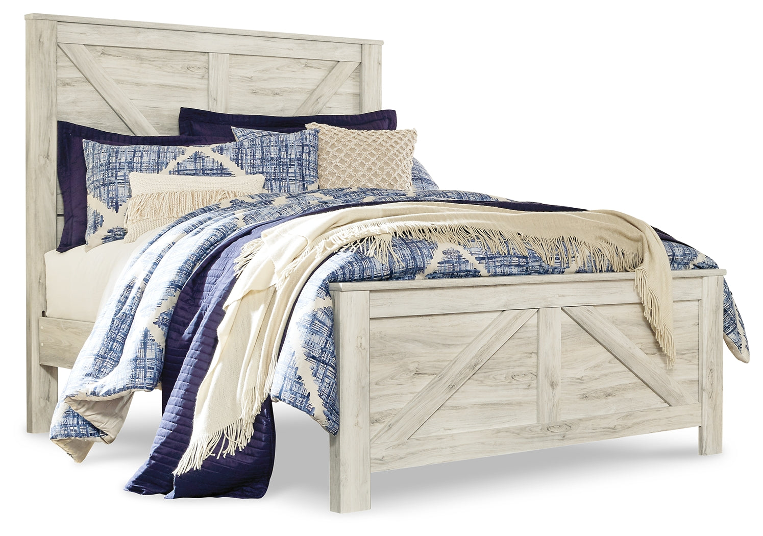 Diamond Furniture - Ashley Furniture - Bellaby Queen Crossbuck Panel Bed, Dresser, Mirror and 2 Nightstands - Queen Crossbuck Panel Bed, Dresser, Mirror and 2 Nightstands / Whitewash - B331B13