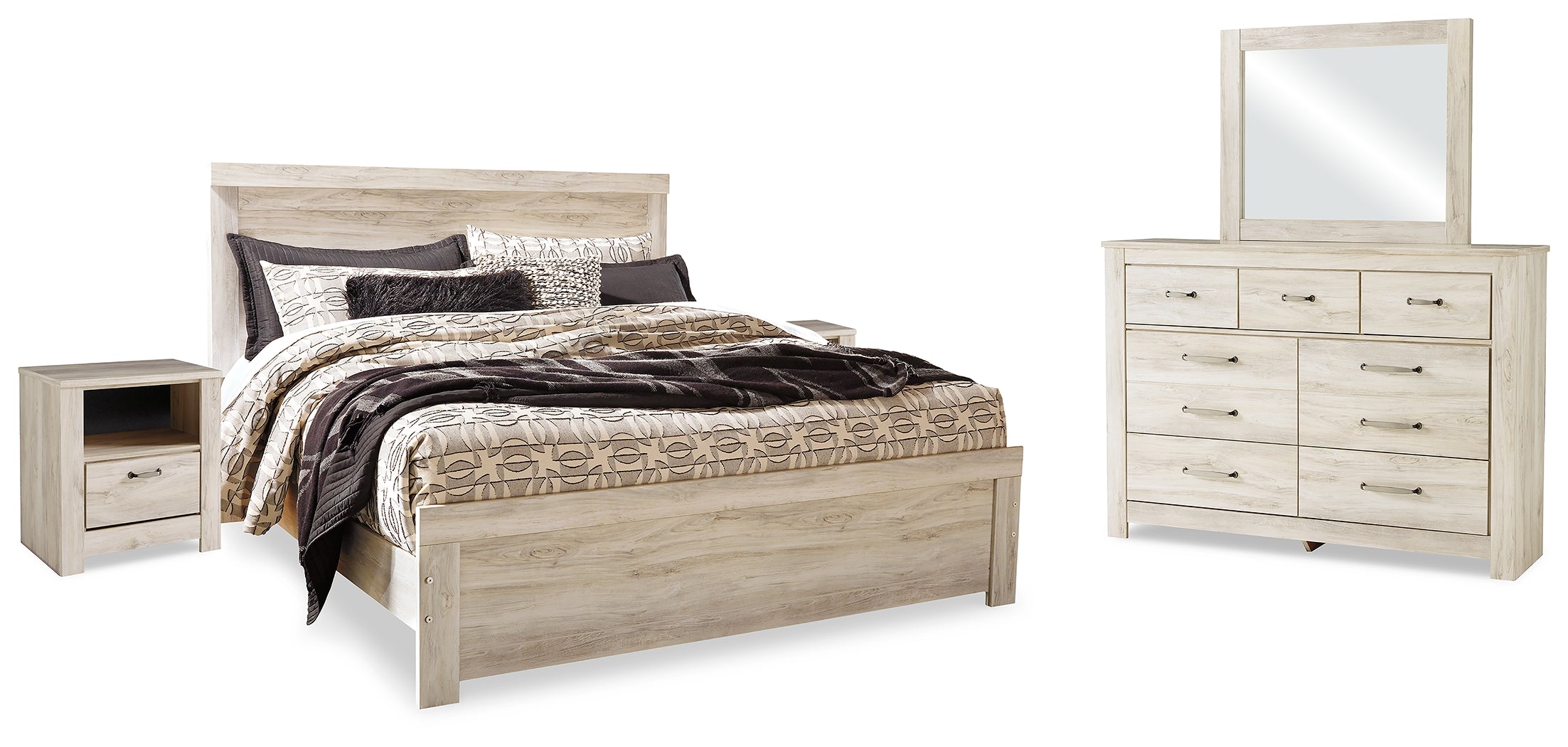 Diamond Furniture - Ashley Furniture - Bellaby King Panel Bed, Dresser, Mirror and 2 Nightstands - King Panel Bed, Dresser, Mirror and 2 Nightstands / Whitewash - B331B22