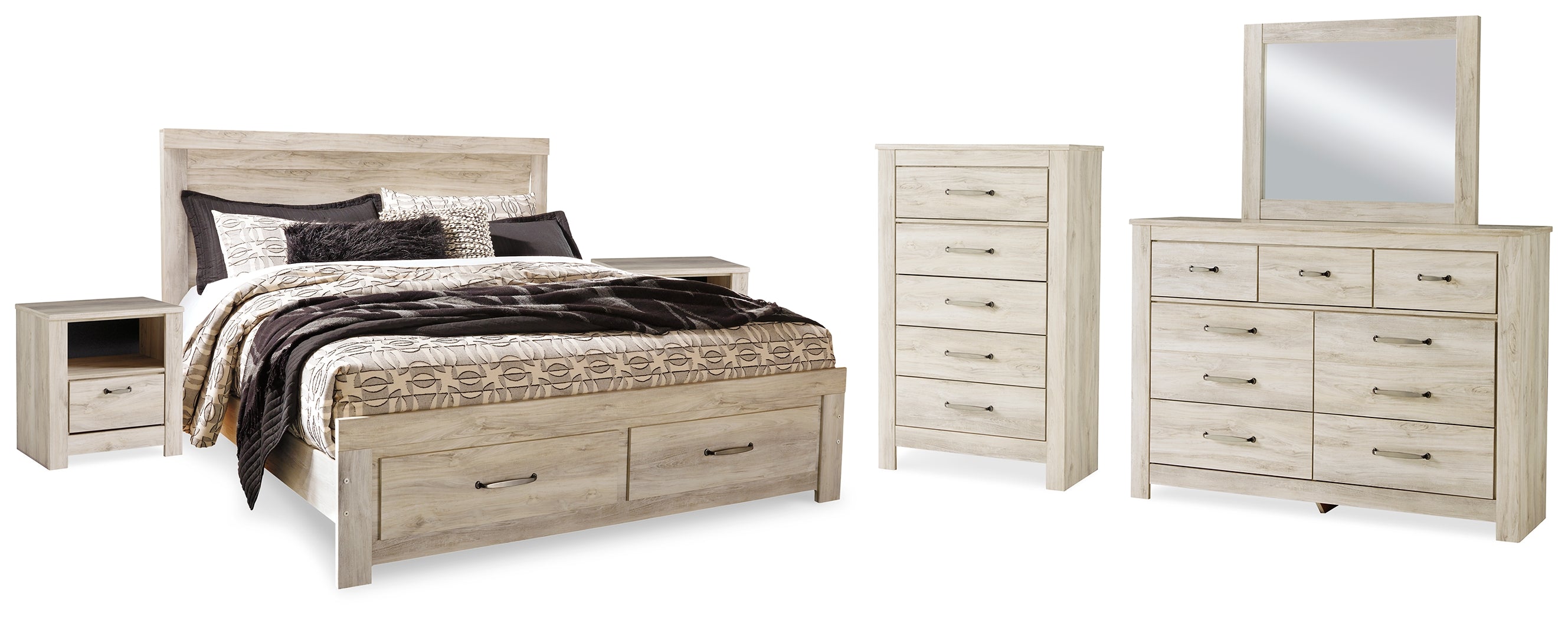 Diamond Furniture - Ashley Furniture - Bellaby King Storage Bed, Dresser, Mirror, Chest and 2 Nightstands - King Storage Bed, Dresser, Mirror, Chest and 2 Nightstands / Whitewash - B331B20