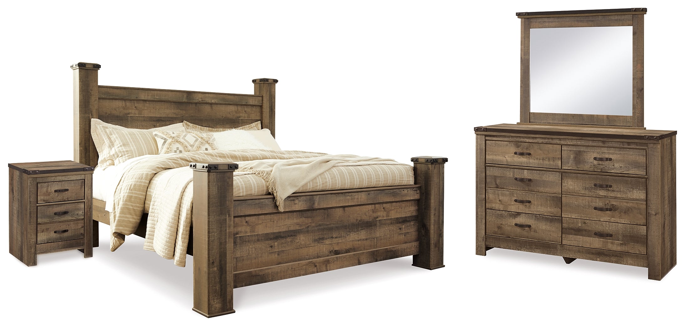 Diamond Furniture - Ashley Furniture - Trinell King Poster Bed, Dresser, Mirror and Nightstand - King Poster Bed, Dresser, Mirror and Nightstand - B446B75