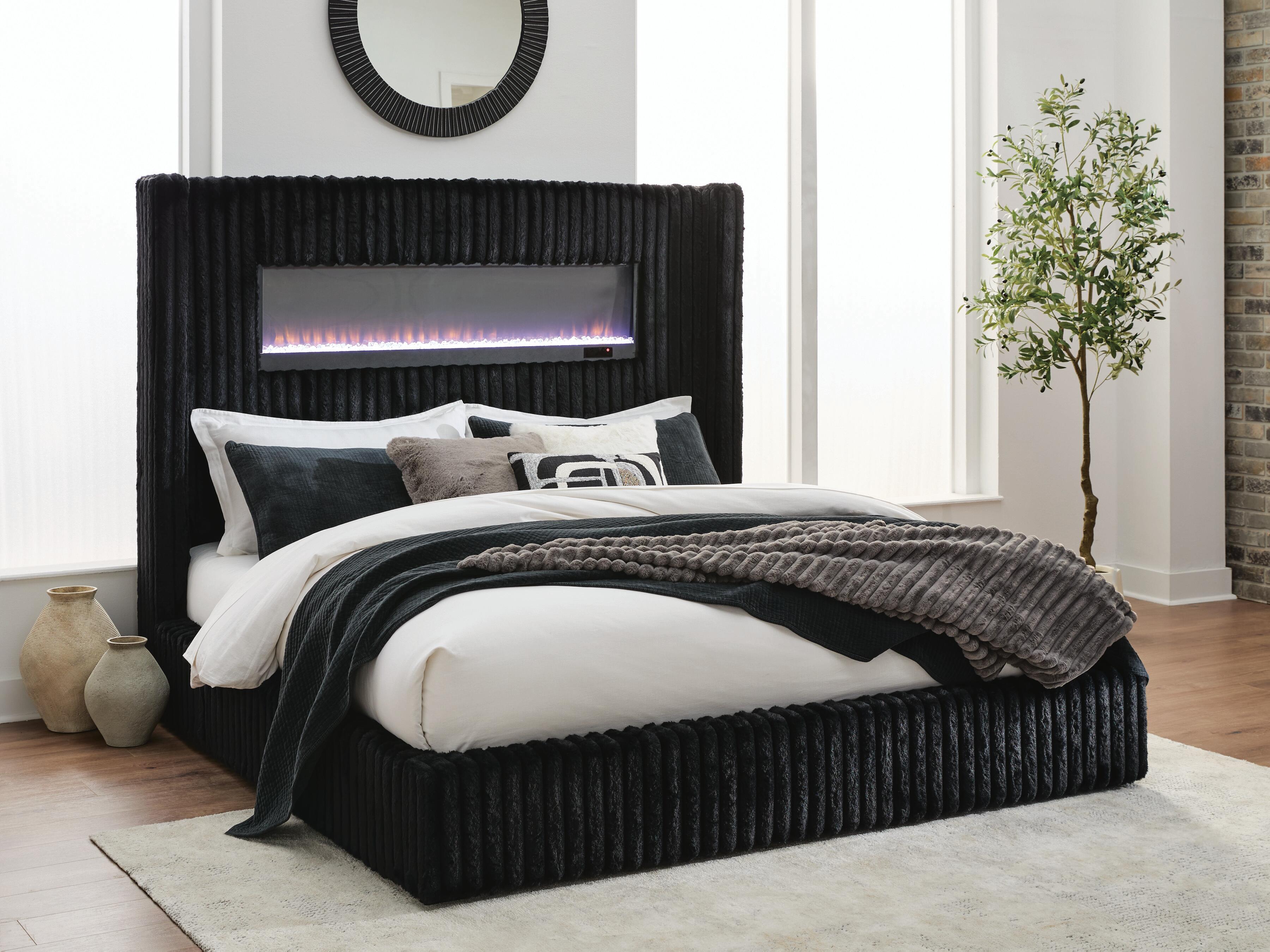 Diamond Furniture - Ashley Furniture - Tayleena King Upholstered Bed with Fireplace and Wireless Audio - King Upholstered Bed with Fireplace and Wireless Audio - PCB620B2