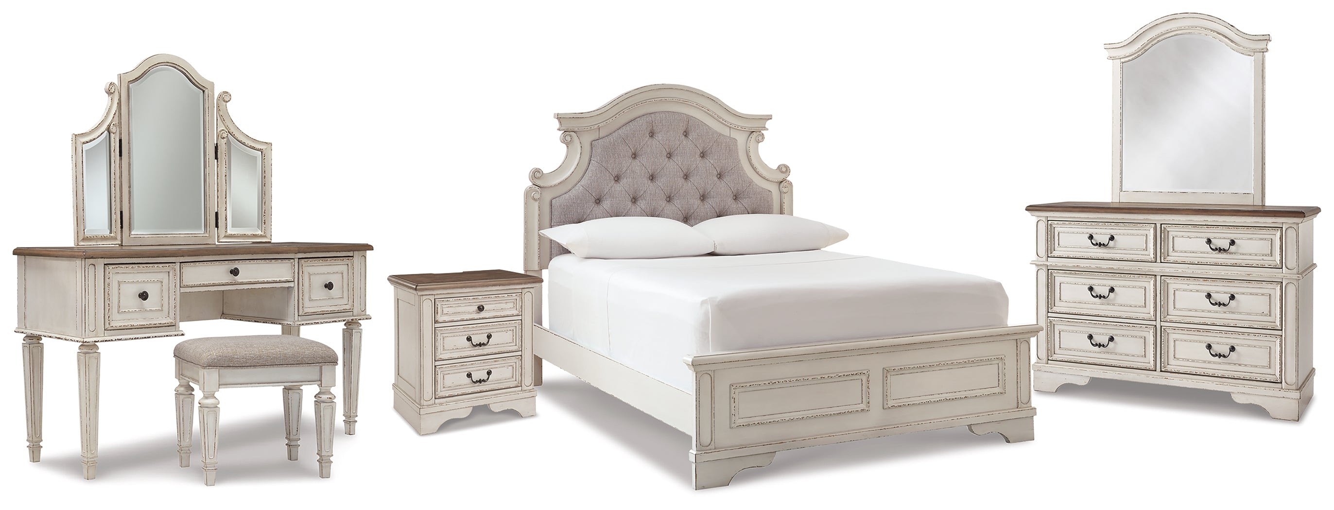 Diamond Furniture - Ashley Furniture - Realyn Full Panel Bed, Dresser, Mirror, 3-Piece Vanity and Nightstand - Full Panel Bed, Dresser, Mirror, 3-Piece Vanity and Nightstand - B743B27