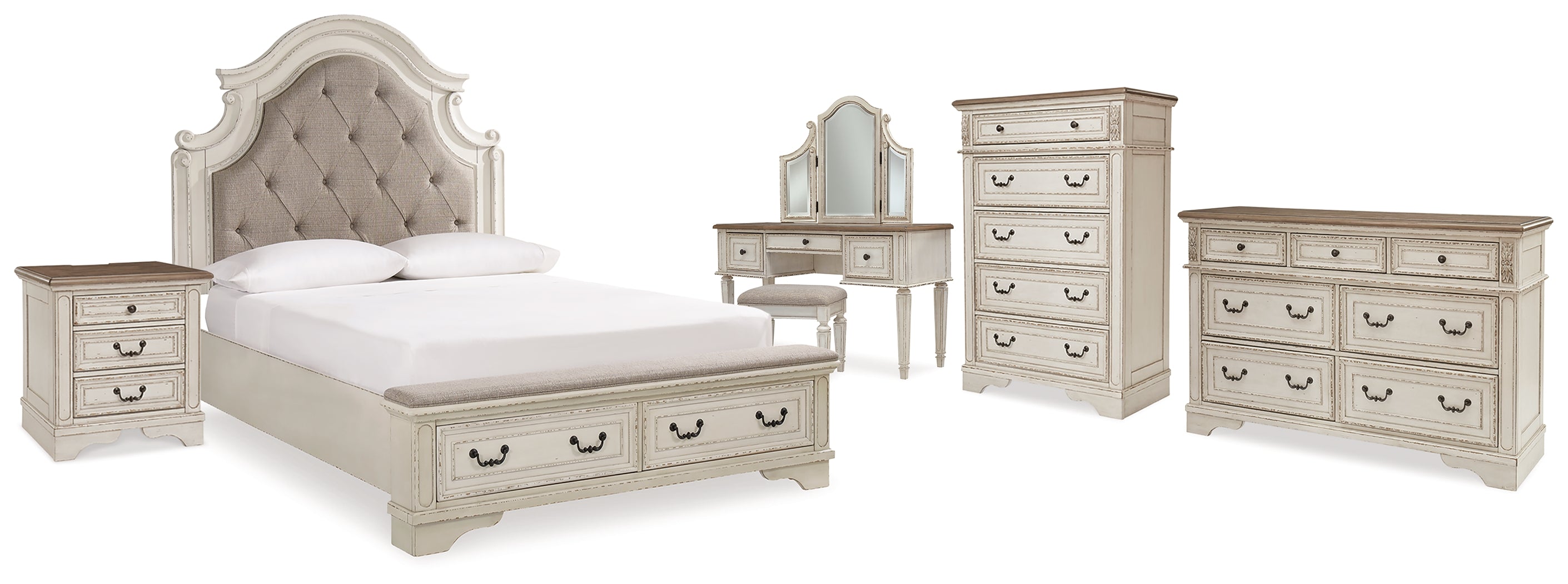 Diamond Furniture - Ashley Furniture - Realyn Queen Upholstery Panel Bed, Dresser, Chest, Nightstand, and Vanity Set - Queen Upholstery Panel Bed, Dresser, Chest, Nightstand, and Vanity Set - B743B35