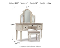 Realyn Twin Upholstered Panel Bed, Chest, Vanity and Nightstand