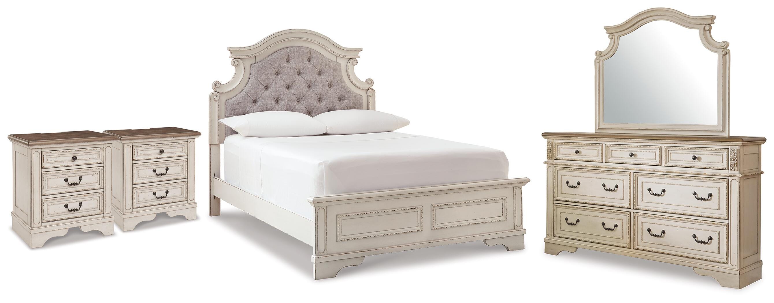 Diamond Furniture - Ashley Furniture - Realyn Full Upholstered Panel Bed, Dresser, Mirror and 2 Nightstands - Full Upholstered Panel Bed, Dresser, Mirror and 2 Nightstands - B743B105