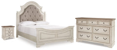 Realyn Queen Upholstered Panel Bed, Dresser and Nightstand