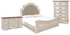Realyn King Upholstered Panel Bed, Chest and 2 Nightstands