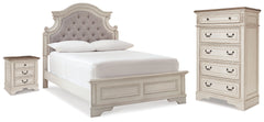 Realyn Full Upholstered Panel Bed, Chest and Nightstand