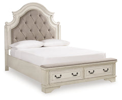 Realyn Queen Upholstery Panel Bed, Dresser, Mirror and Nightstand