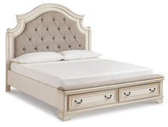 Realyn King Upholstered Panel Bed, Dresser, Mirror and Nightstand