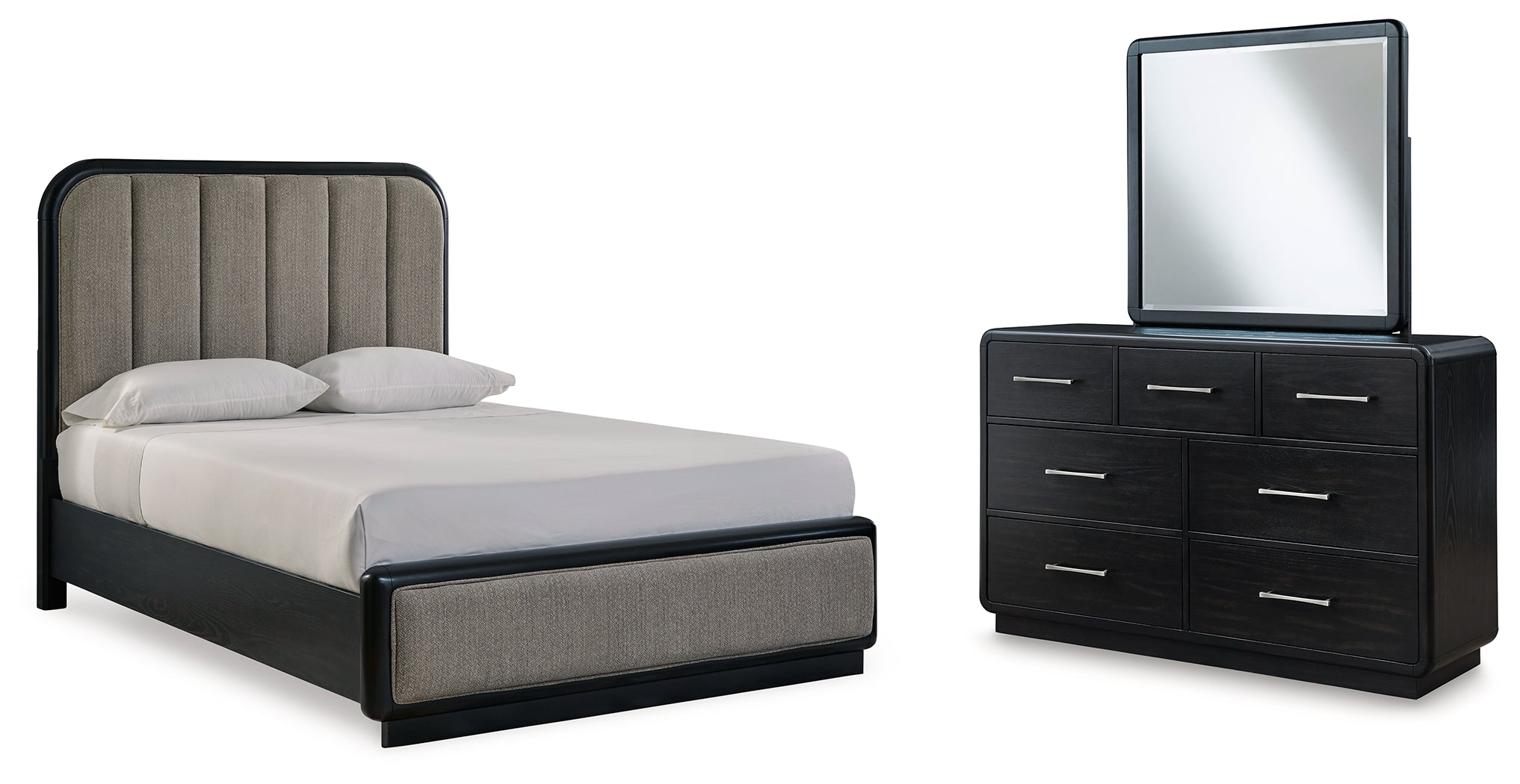 Diamond Furniture - Ashley Furniture - Rowanbeck Queen Upholstered Panel Bed, Dresser and Mirror - Queen Upholstered Panel Bed, Dresser and Mirror / Black - B821B3
