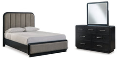 Diamond Furniture - Ashley Furniture - Rowanbeck Queen Upholstered Panel Bed, Dresser and Mirror - Queen Upholstered Panel Bed, Dresser and Mirror / Black - B821B3