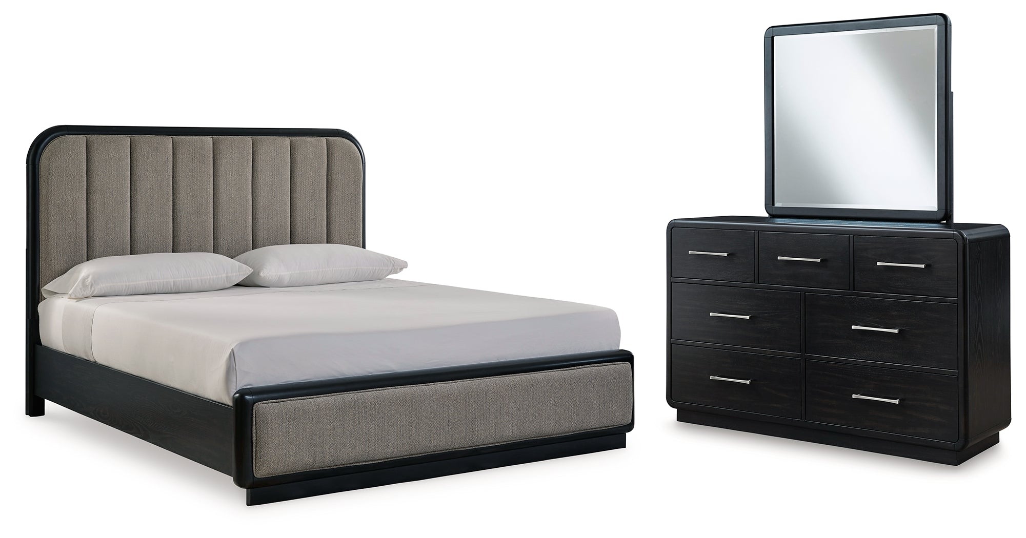 Diamond Furniture - Ashley Furniture - Rowanbeck King Upholstered Panel Bed, Dresser and Mirror - King Upholstered Panel Bed, Dresser and Mirror - B821B6