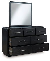 Rowanbeck King Upholstered Panel Bed, Dresser and Mirror