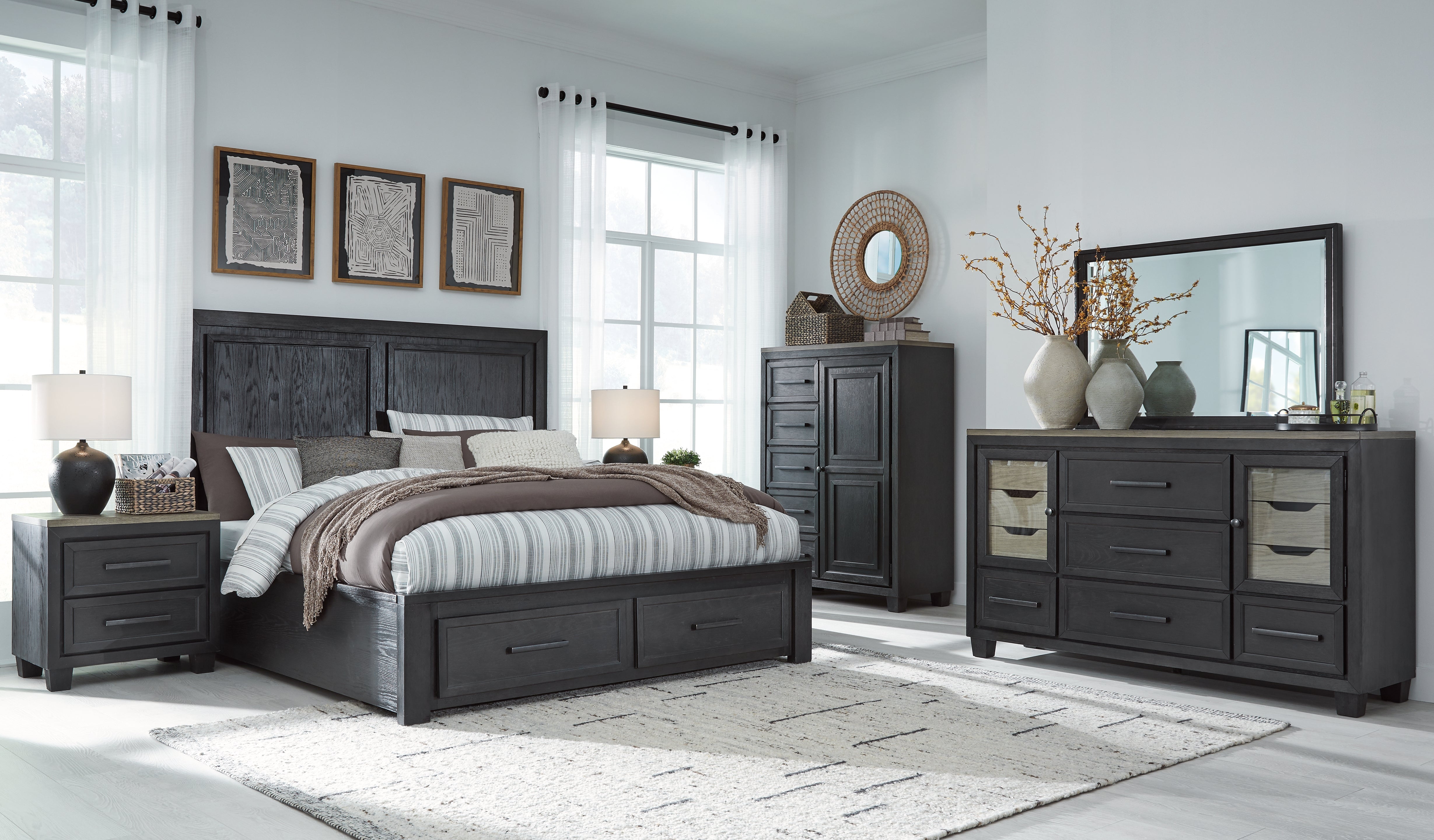 Diamond Furniture - Ashley Furniture - Foyland Cal King Panel Storage Bed, Dresser, Mirror, Chest and Nightstand - Cal King Panel Storage Bed, Dresser, Mirror, Chest and Nightstand - B989B6