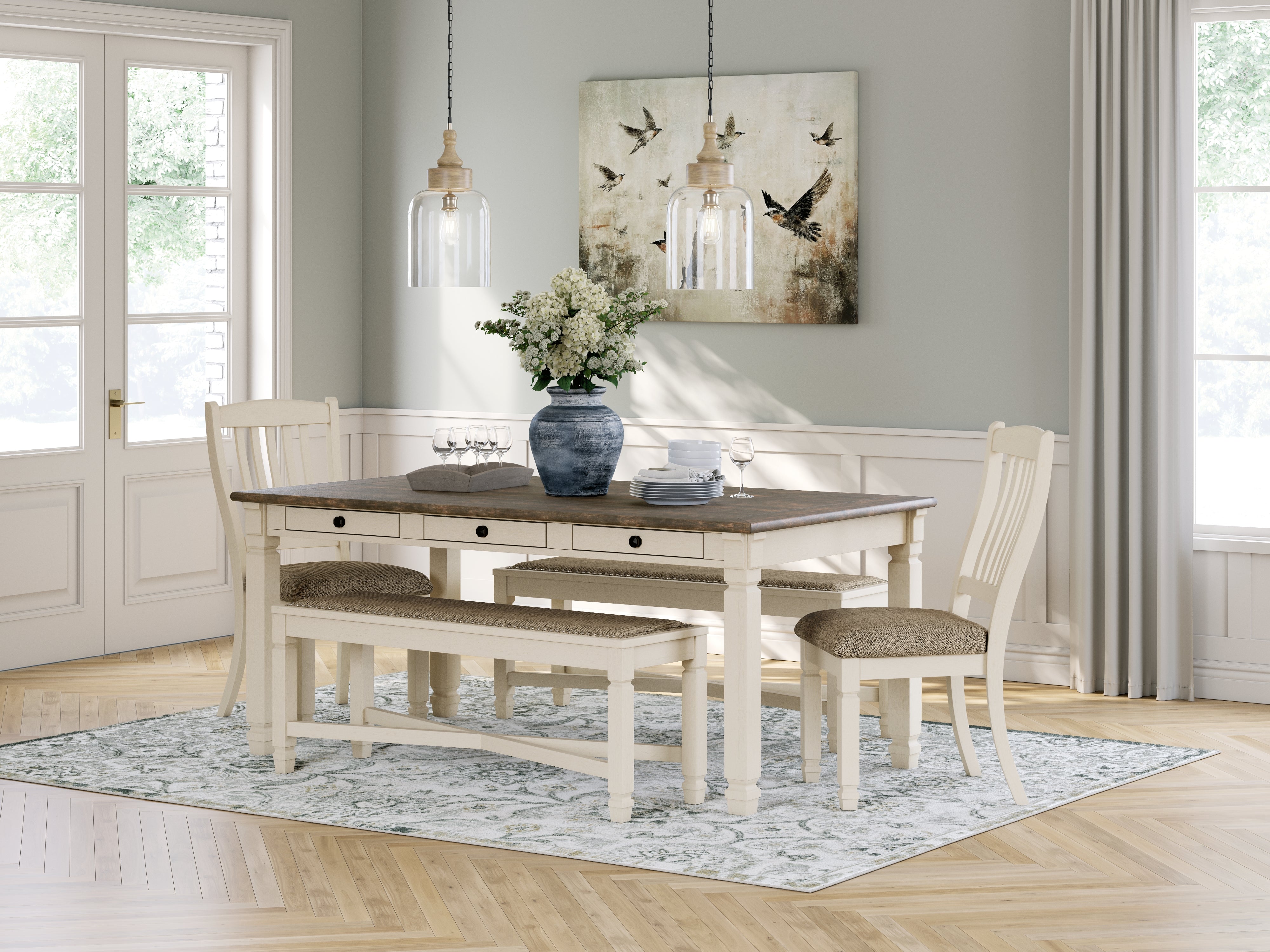Diamond Furniture - Ashley Furniture - Bolanburg Dining Table with 2 Chairs and 2 Benches - Dining Table with 2 Chairs and 2 Benches - D647D7