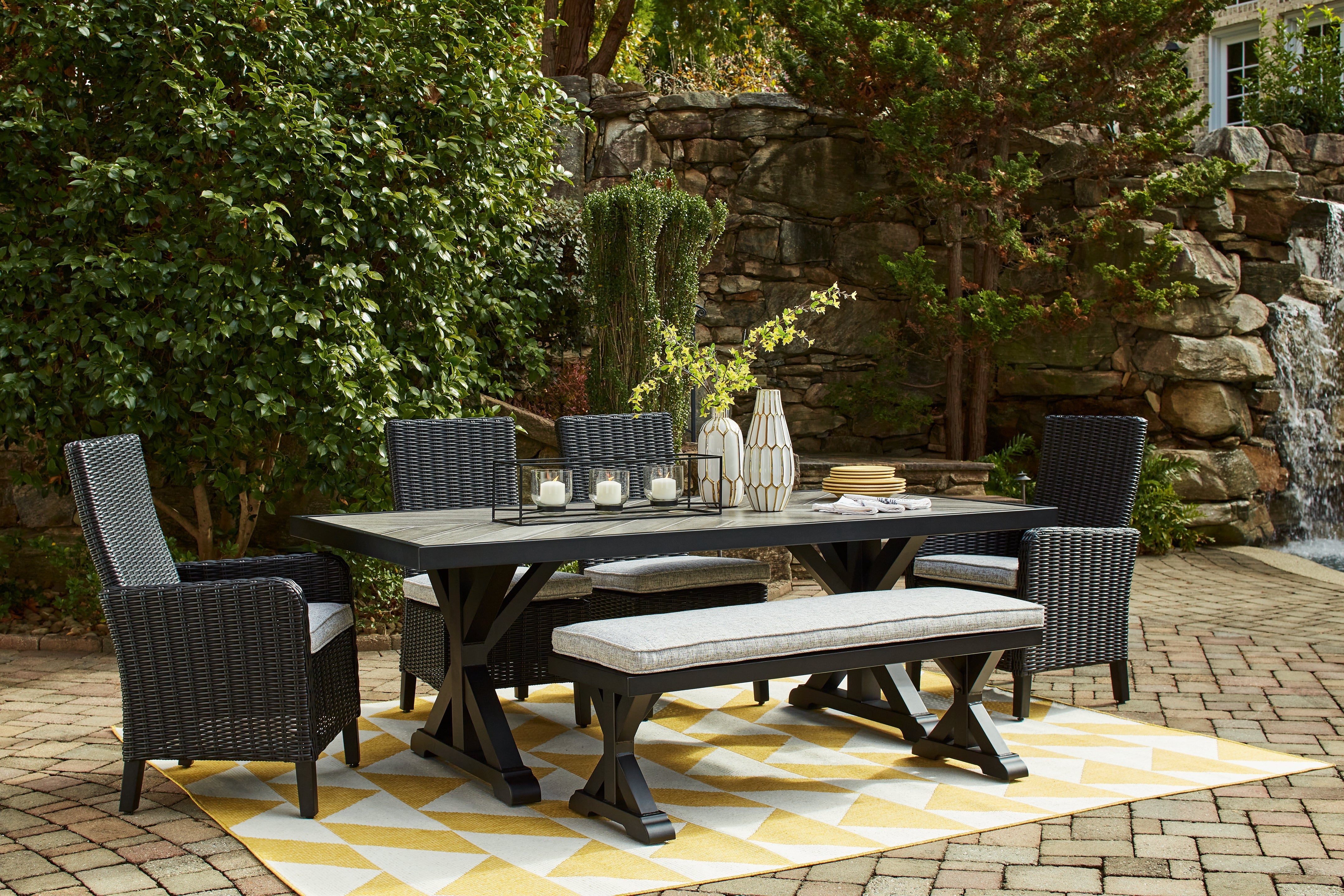 Diamond Furniture - Ashley Furniture - Beachcroft Outdoor Dining Table, 4 Chairs and Bench - Outdoor Dining Table, 4 Chairs and Bench - P792P4