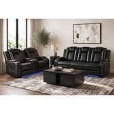 Power Motion Sofa w/ Dropdown and LED Lights, and Power Motion Loveseat in Pebble Black