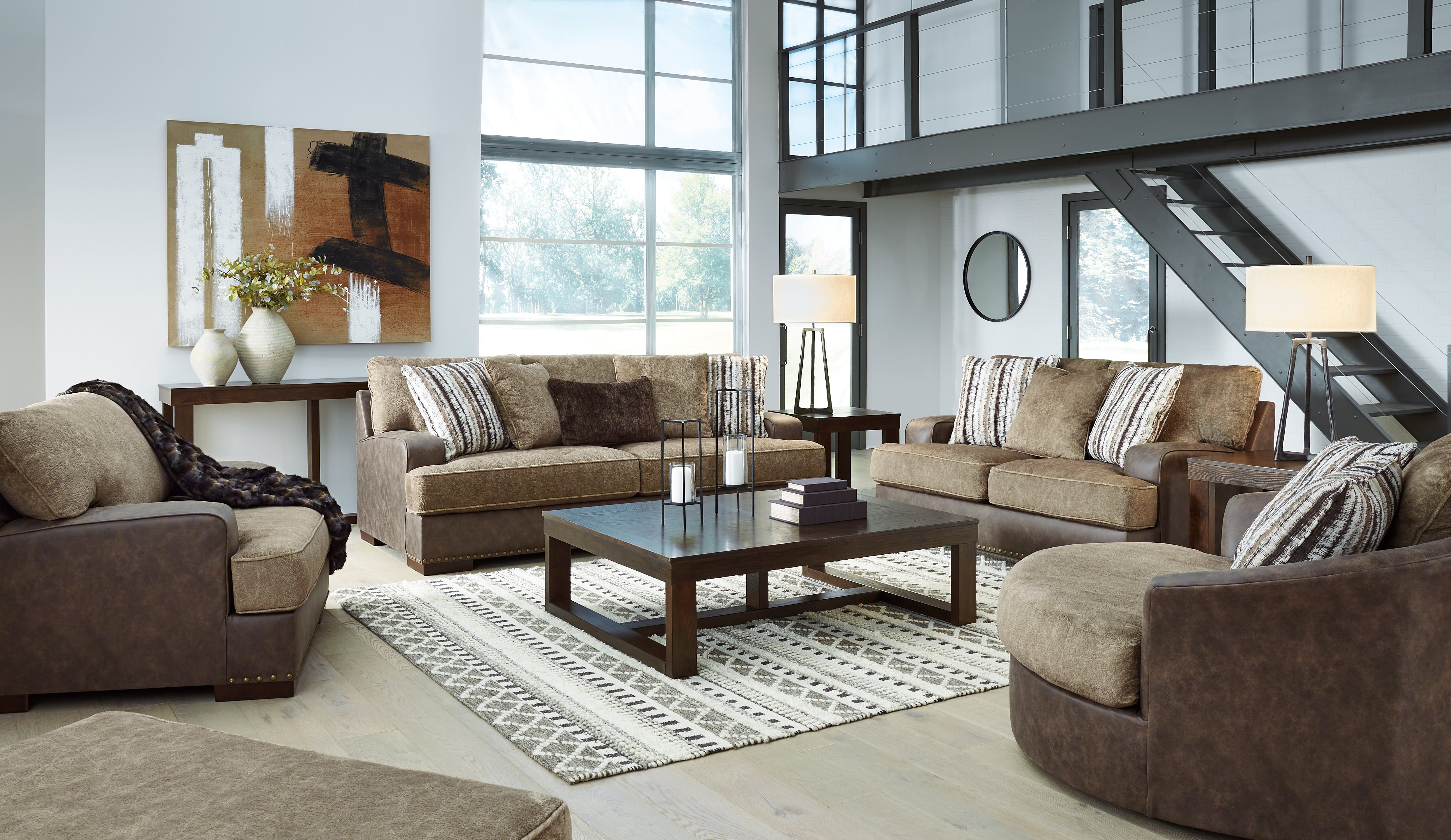 Diamond Furniture - Ashley Furniture - Alesbury Sofa - Sofa, Oversized Chair, Swivel Chair and Ottoman / Chocolate - 18704U2
