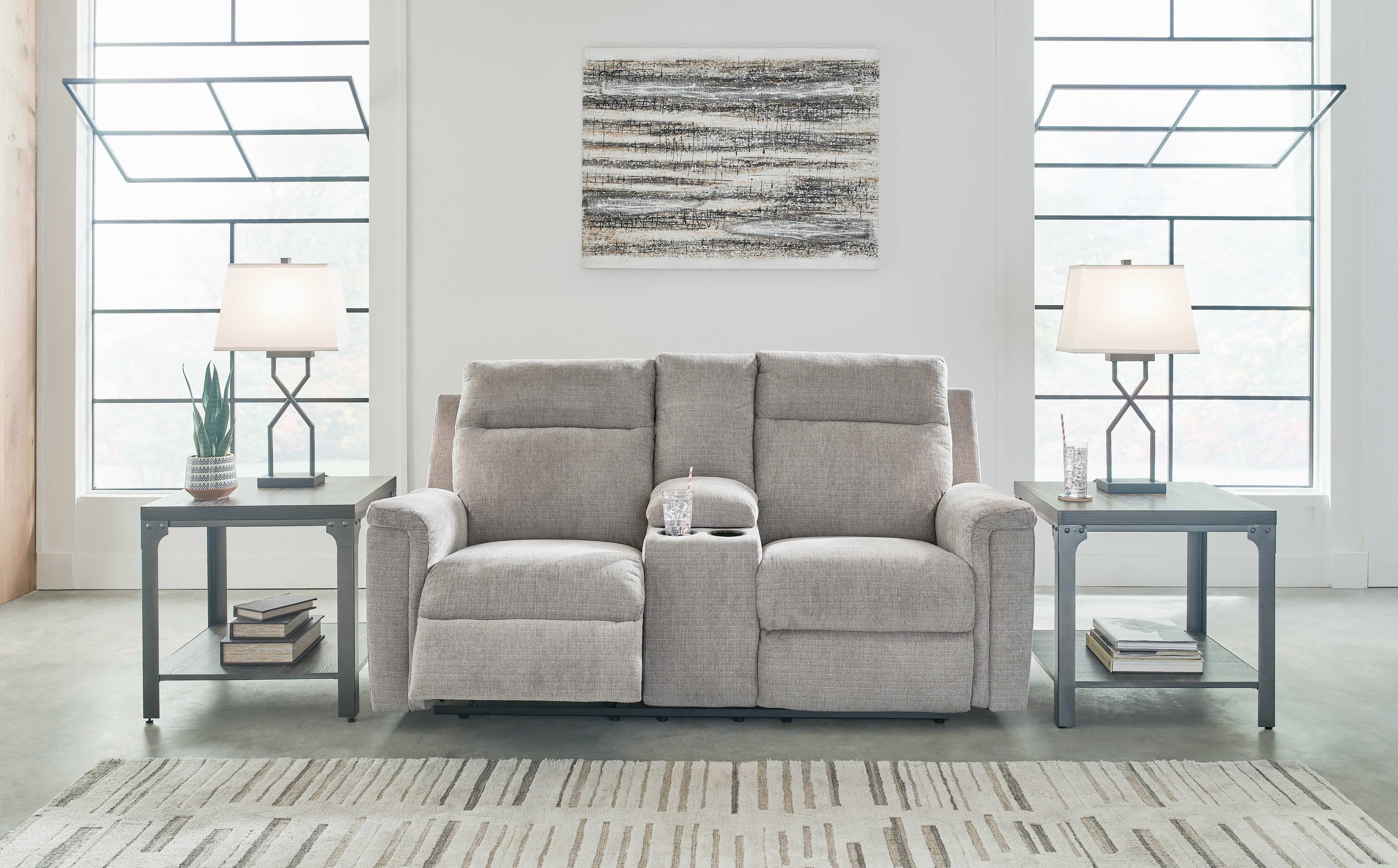 Diamond Furniture - Ashley Furniture - Barnsana Living Room - DBL REC PWR Loveseat w/Console / Ash - 3320196